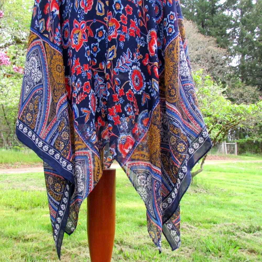 BOHO FESTIVAL DRESS, M, NAVY RED GOLD PRINT, AIRY OVERSKIRT, HANDKERCHIEF HEM - Picture 4 of 9